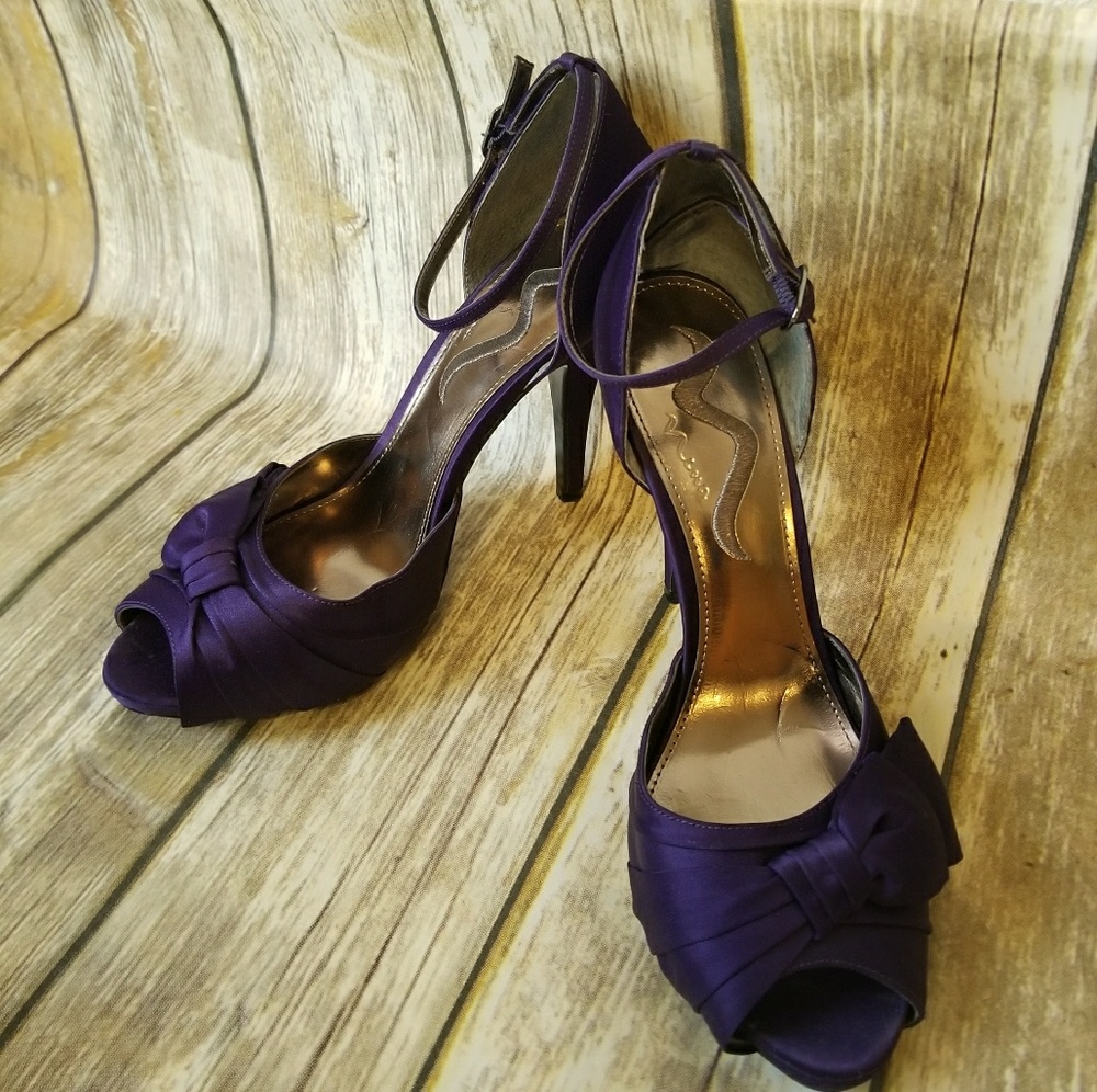 Nina Purple ankle strap open toe bow heels